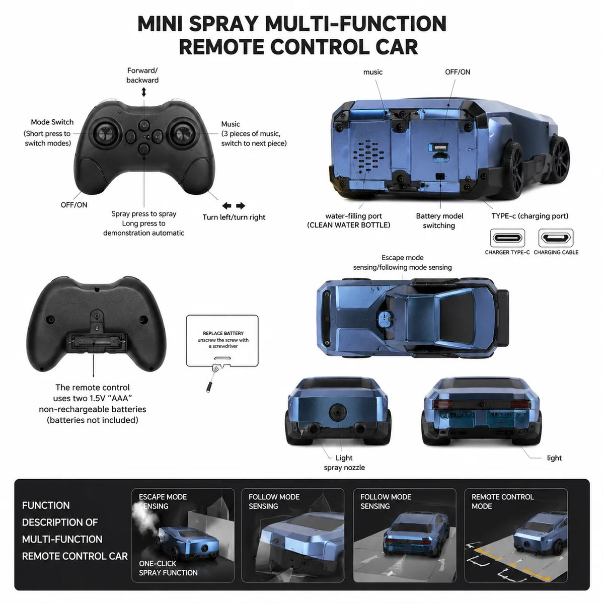 2.4GHz Mini Spray Drift Remote Control Car with Mist Spray, Follow Mode, Escape Mode, Light & Sound RC Toy Car