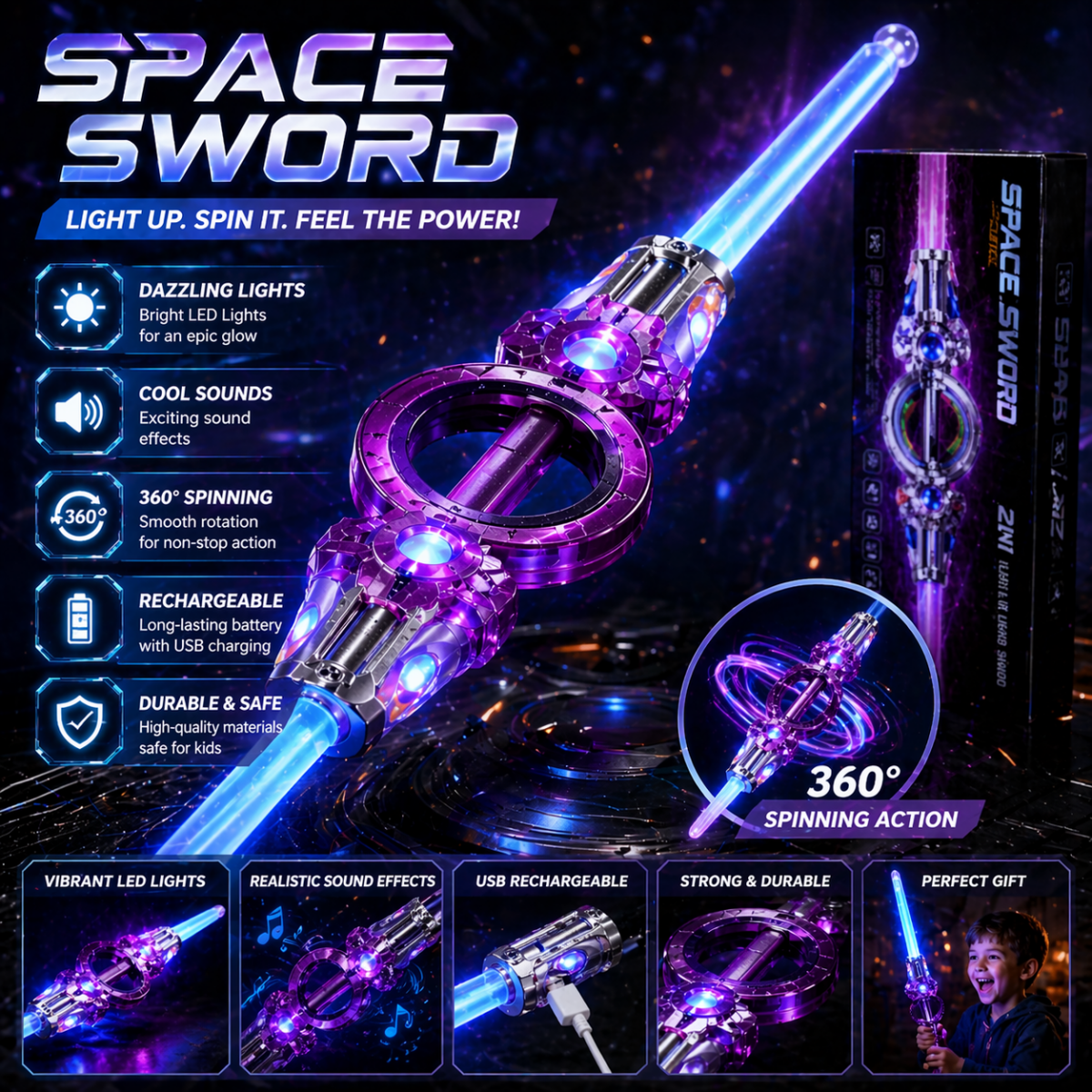 Electric Gyro Light Sword Toy 360-Degree Spinning LED Action Blade